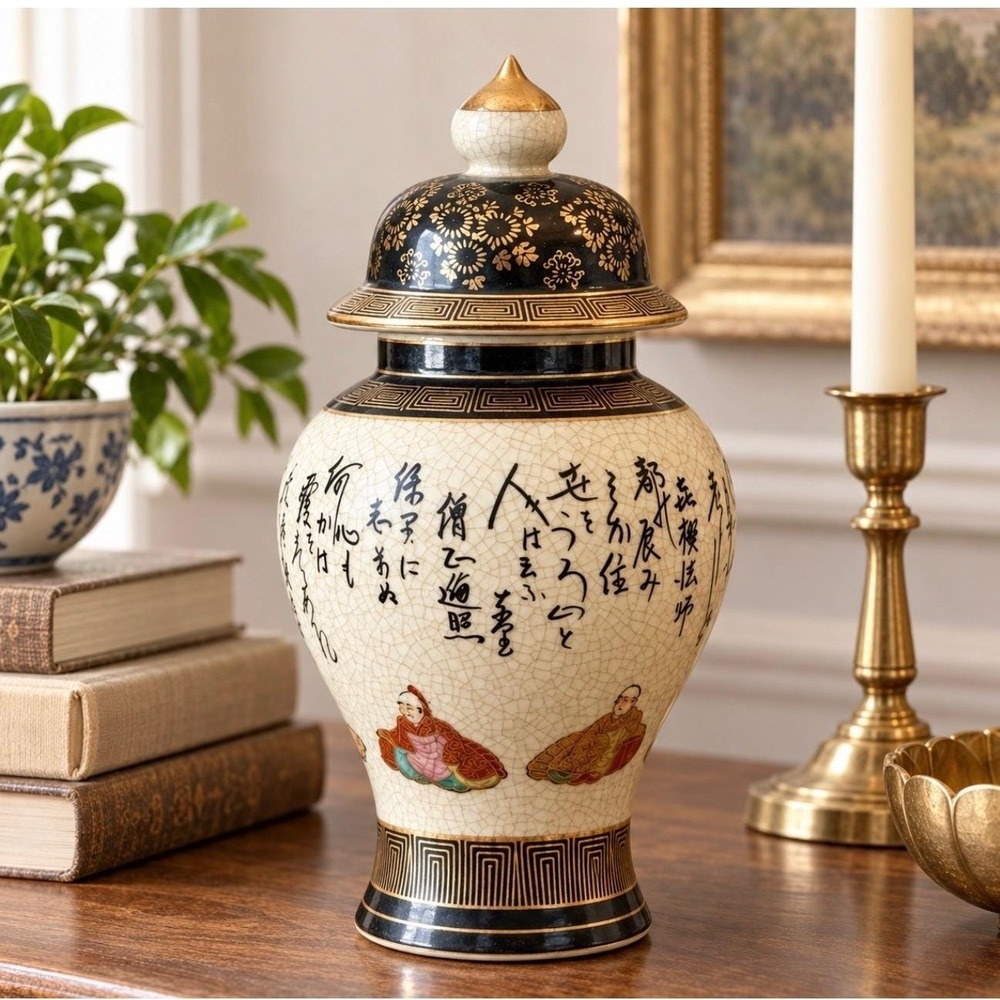 Vintage Fujita Kutani Ginger Jar 9.5" Cream Black‎ Crackle Glaze Gold Trim Japan